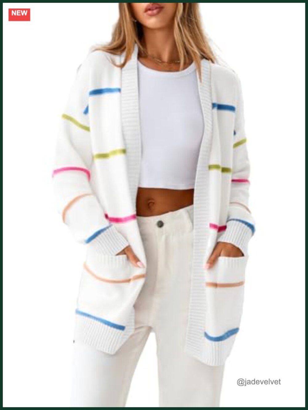 Open Front Striped Cardigan Sweater Lightweight Long Sleeve with Pockets